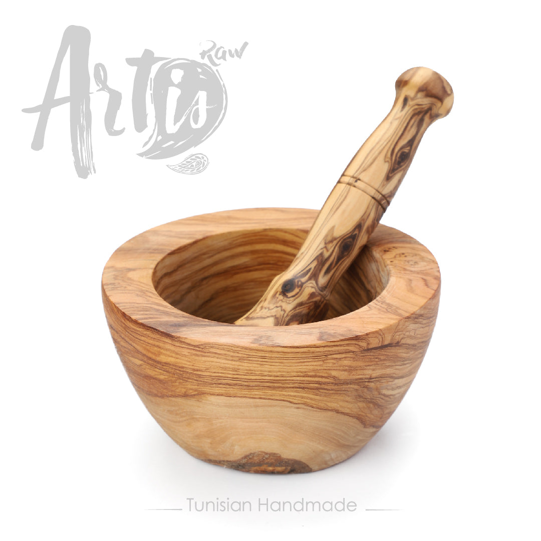 Wooden Mortar and Pestle handmade from Tunisian Olive Wood - ArtisRaw
